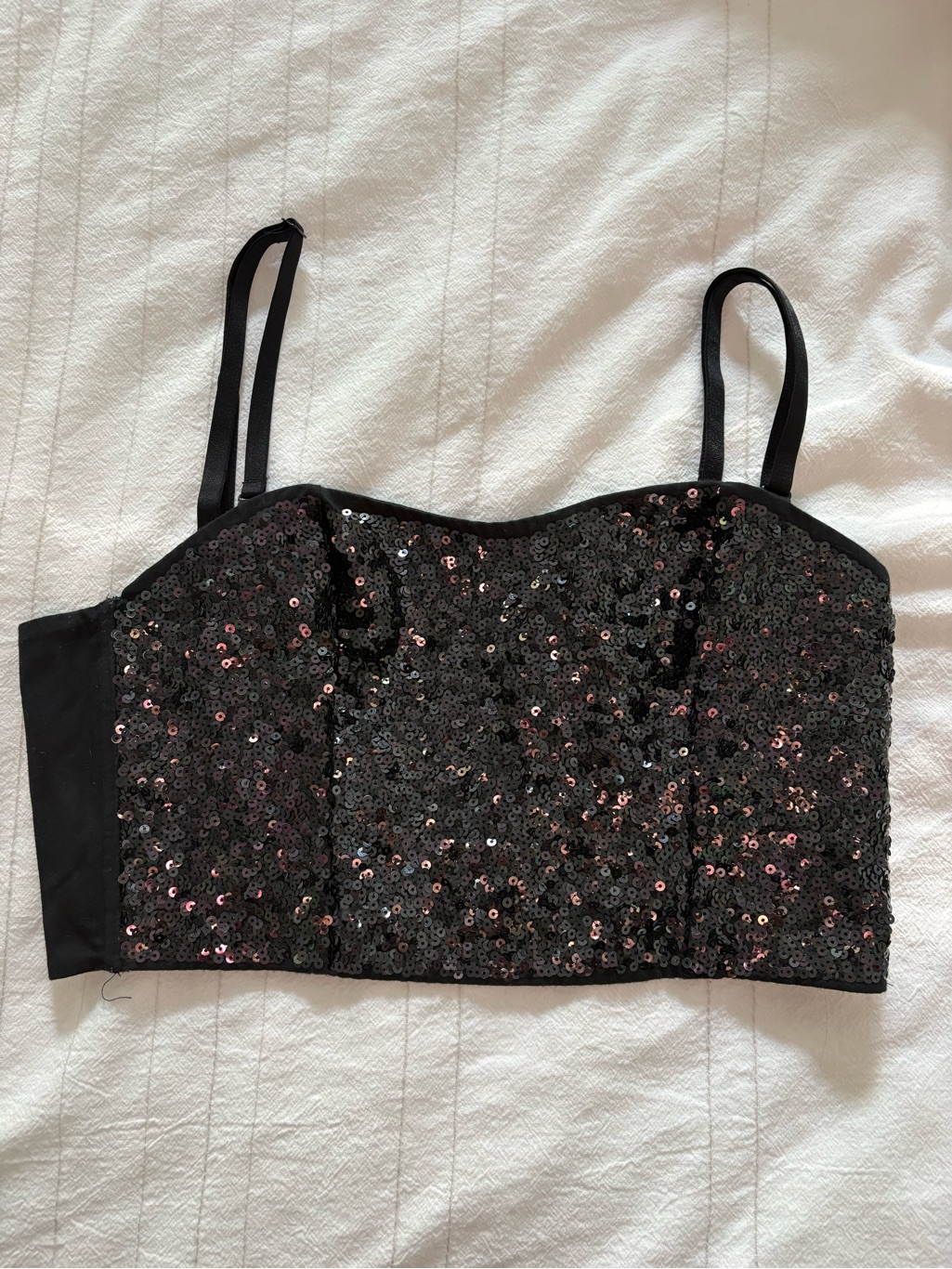 Pink Victoria Secret Black Sequin Bustier Zip Back Adjust/Remove Strap Size M